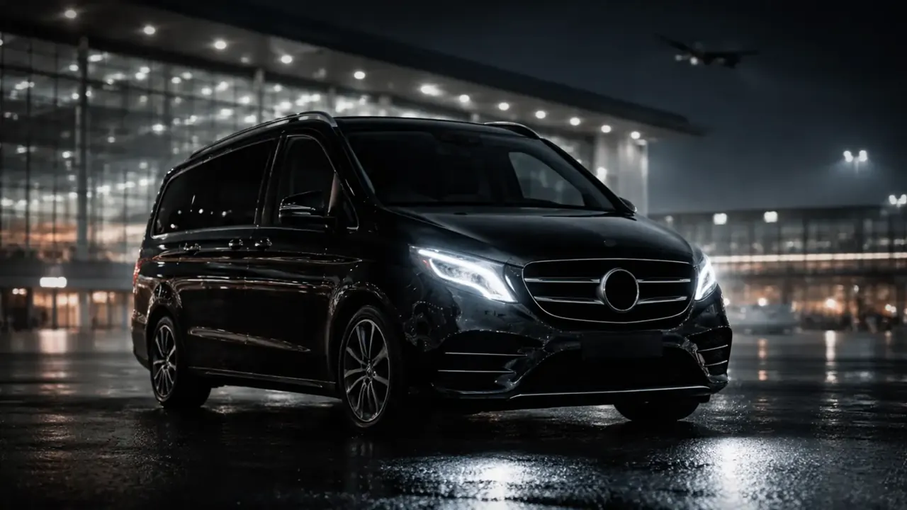 Black minivan with driver at the Berlin airport terminal at night